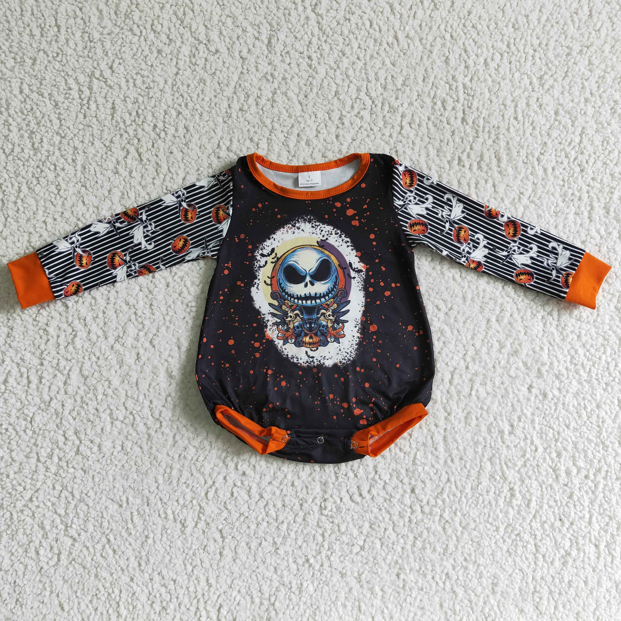 Skull pumpkin stripe sleeves baby girls Halloween romper
