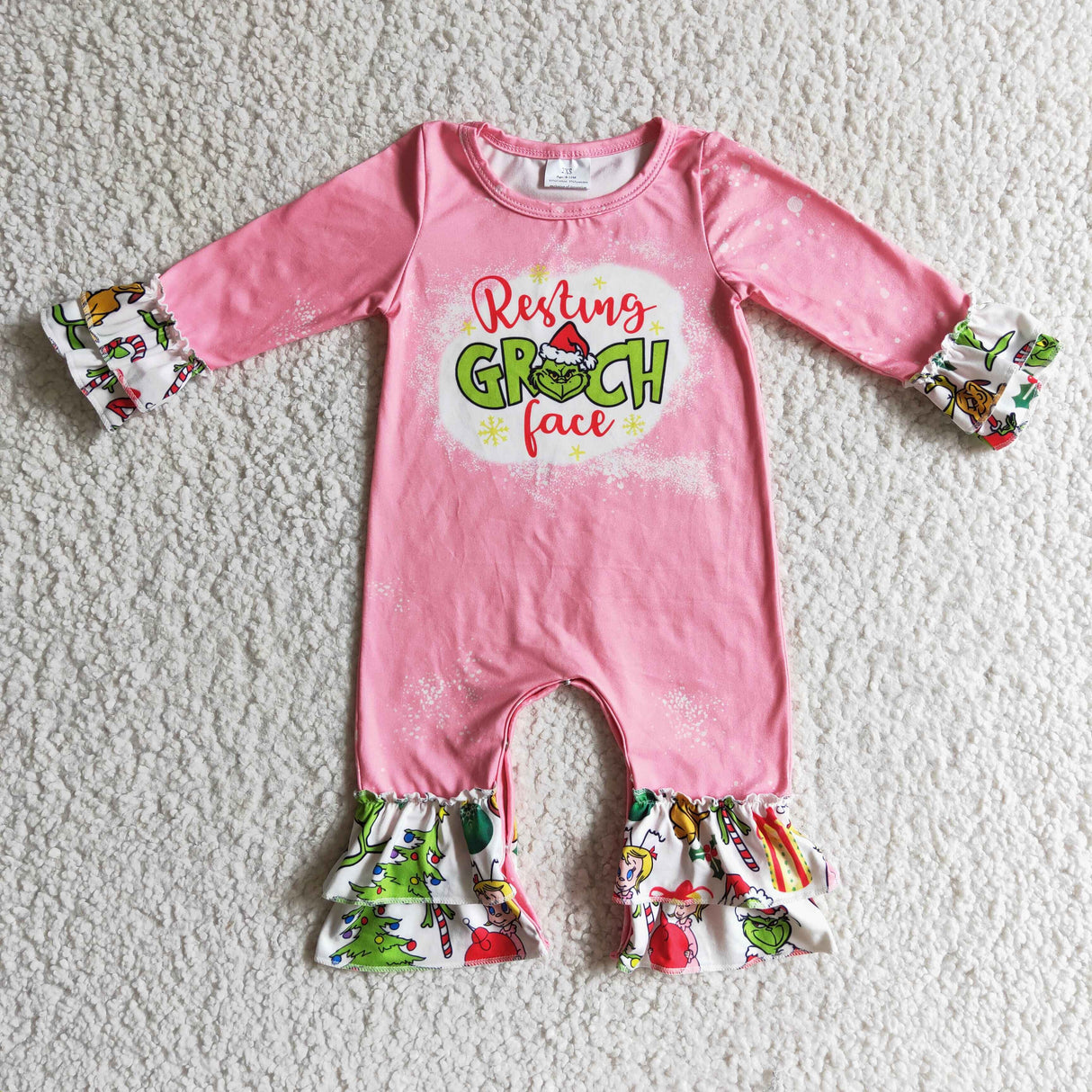 Pink green face bleached baby girls ruffle Christmas romper