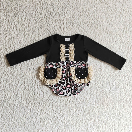 Leopard lace pocket romper baby girls fall bubble