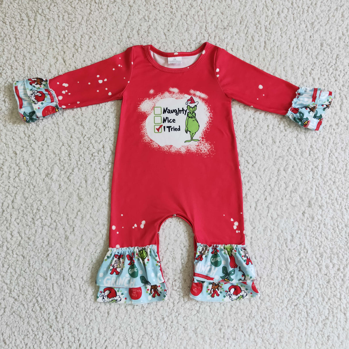Naughty or nice green face baby girls Christmas romper