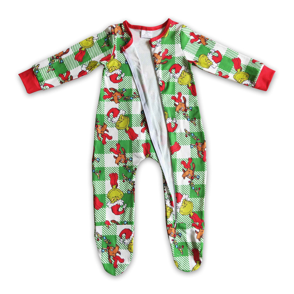 Plaid green face baby kids Christmas zipper footed coverall