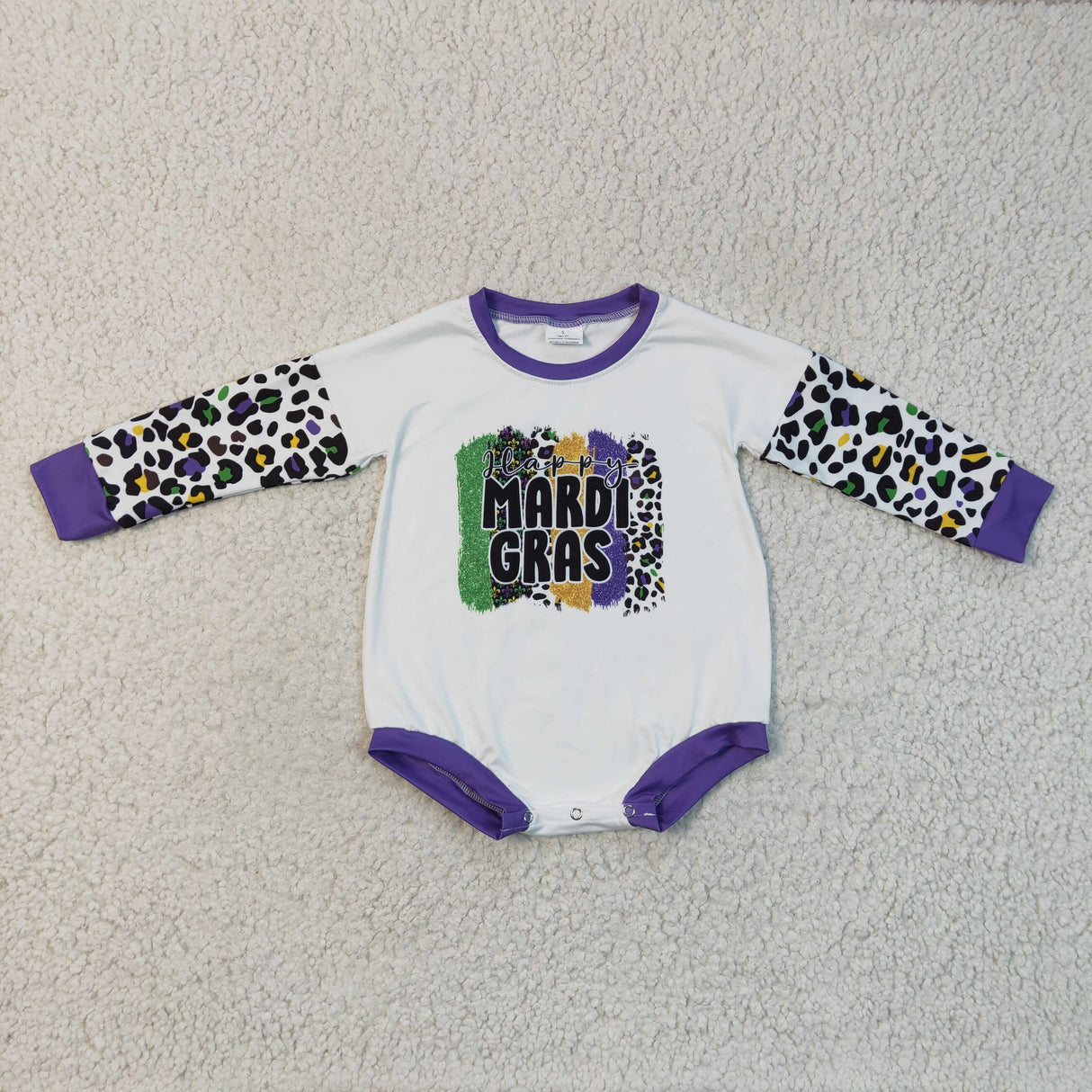 Leopard long sleeves baby girls Mardi Gras romper