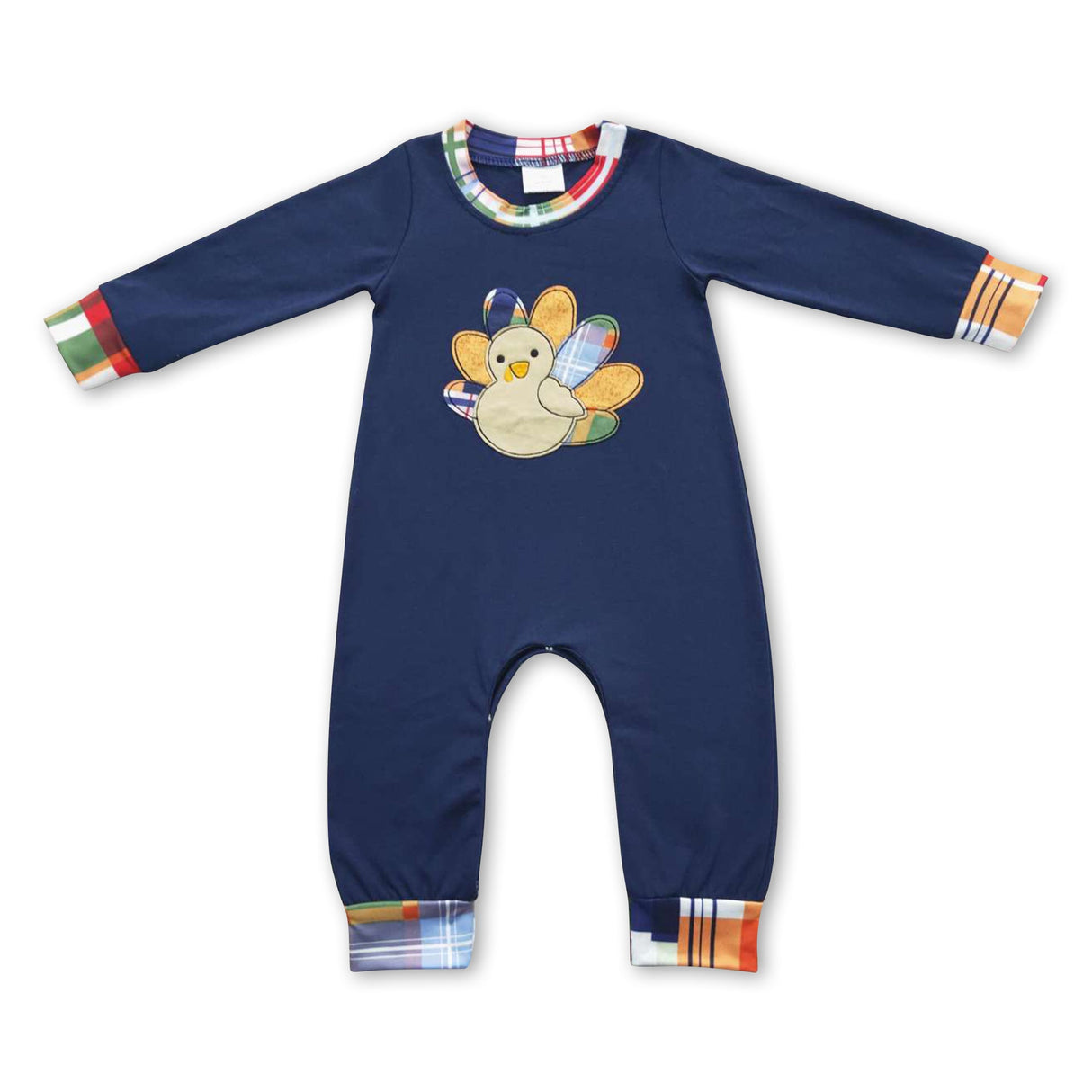 Navy turkey plaid baby boy Thanksgiving romper