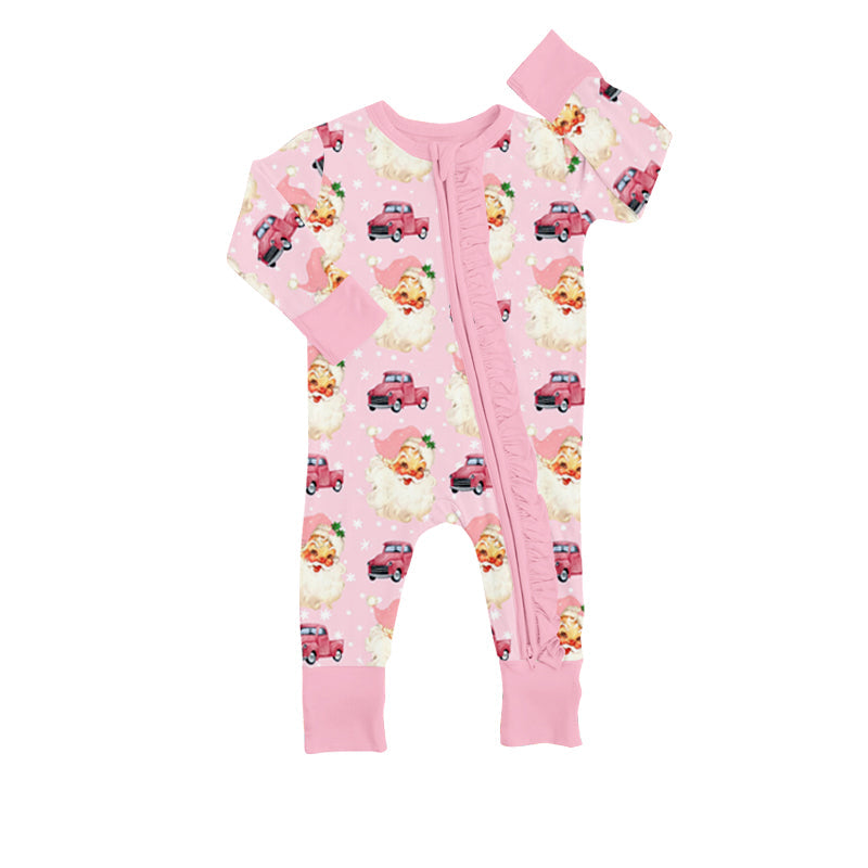 Pink santa car long sleeves baby girls zipper Christmas romper