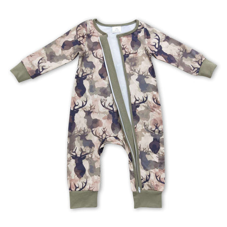 Deer camo long sleeves baby boy zipper romper