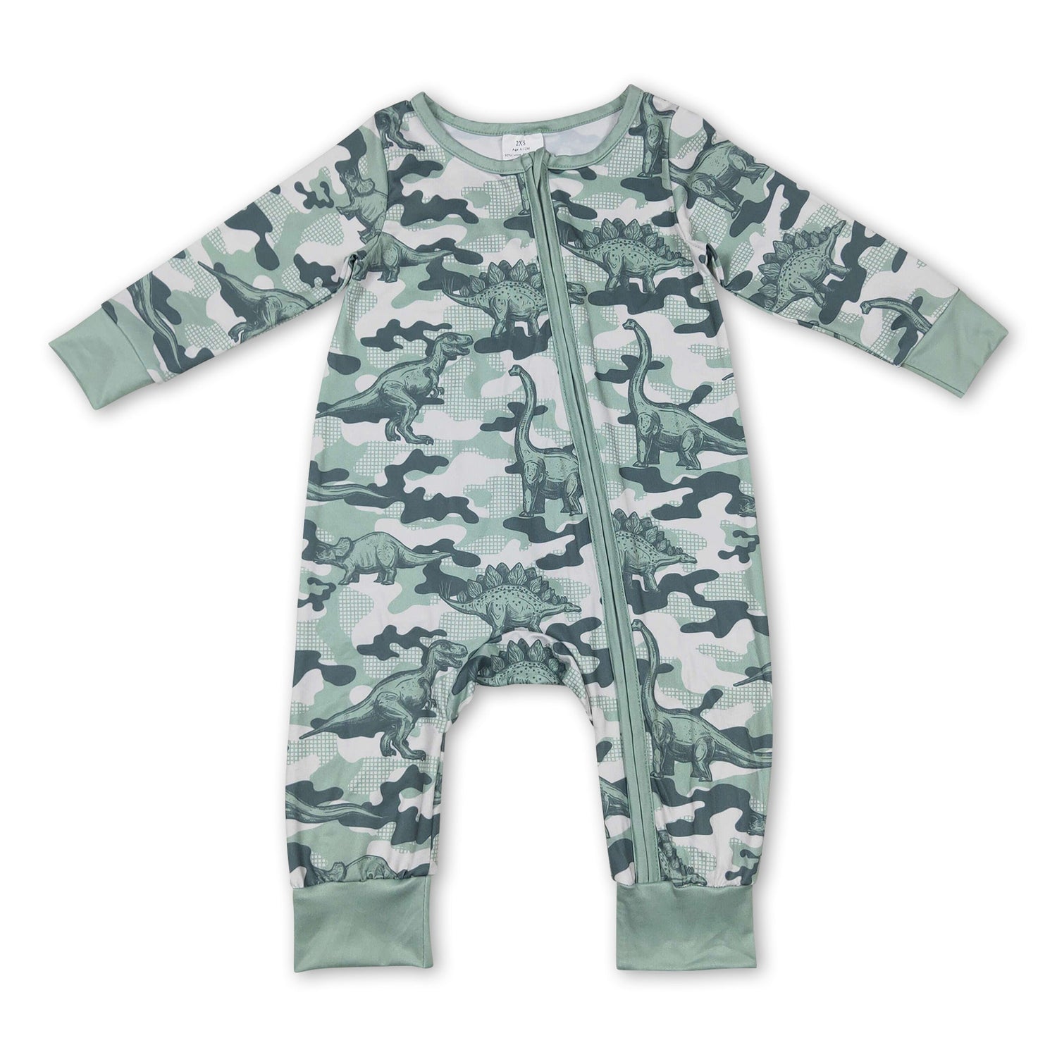 Green Dinosaur camo long sleeves baby boy zipper romper