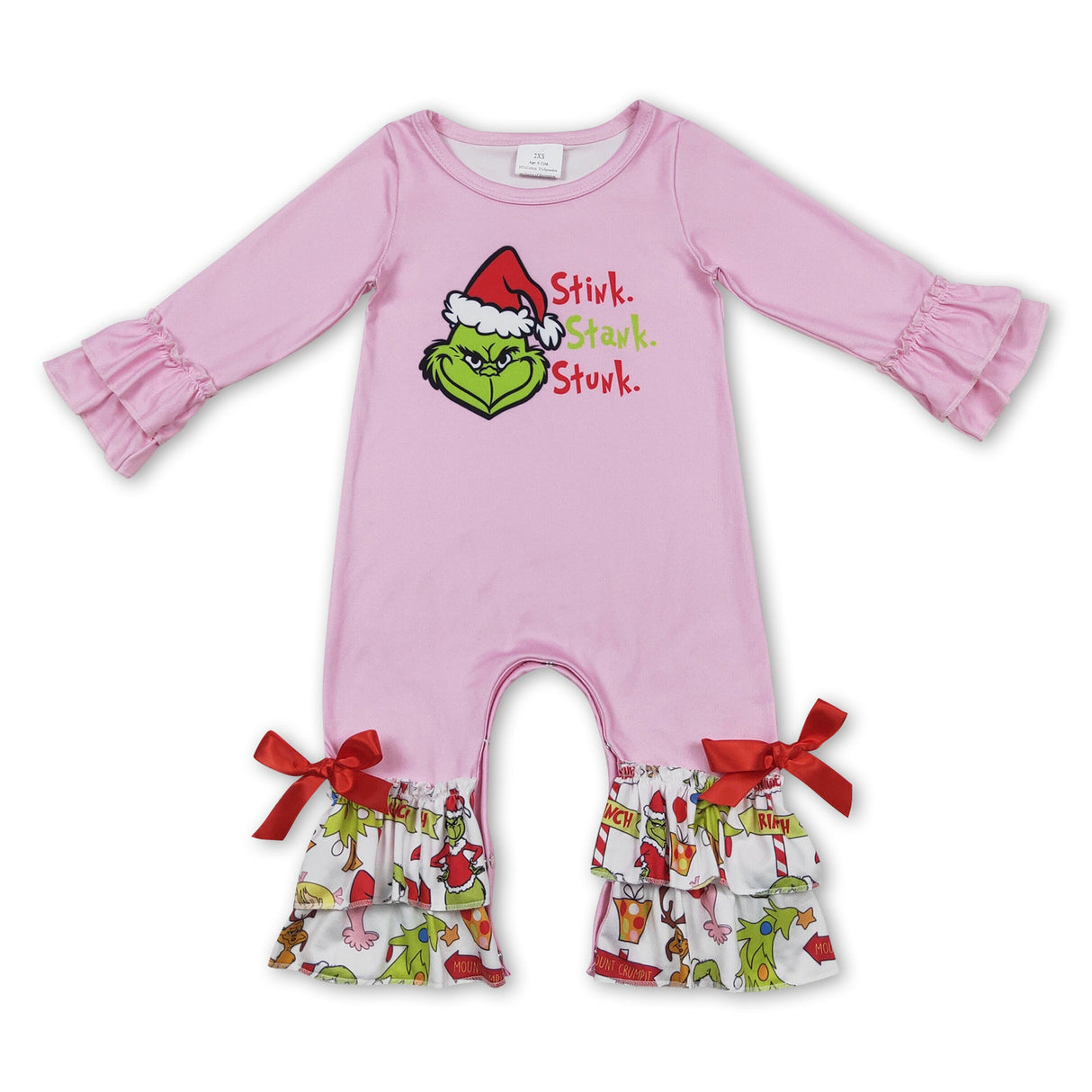 Long sleeves pink green face ruffle baby girls Christmas romper