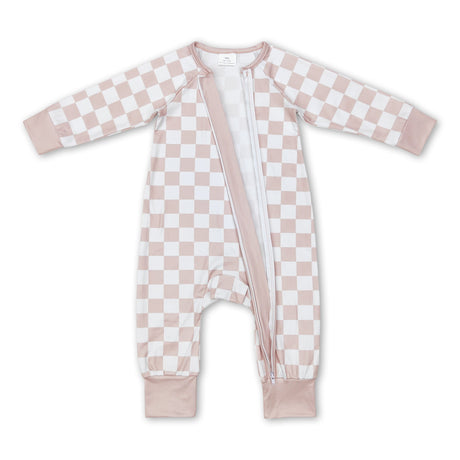 Khaki plaid long sleeves baby kids zipper romper