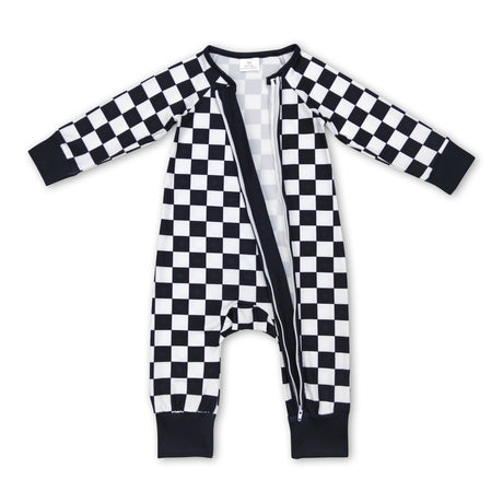 Black plaid long sleeves baby kids zipper romper