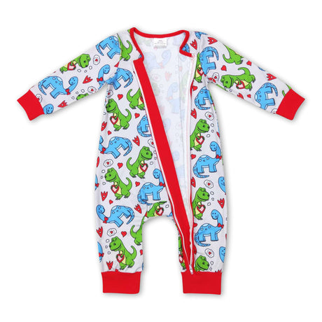 Red heart dinosaur baby kids valentine's zipper romper