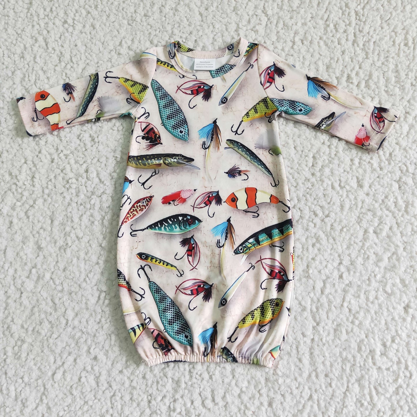 Long sleeve fish pring baby boy gown