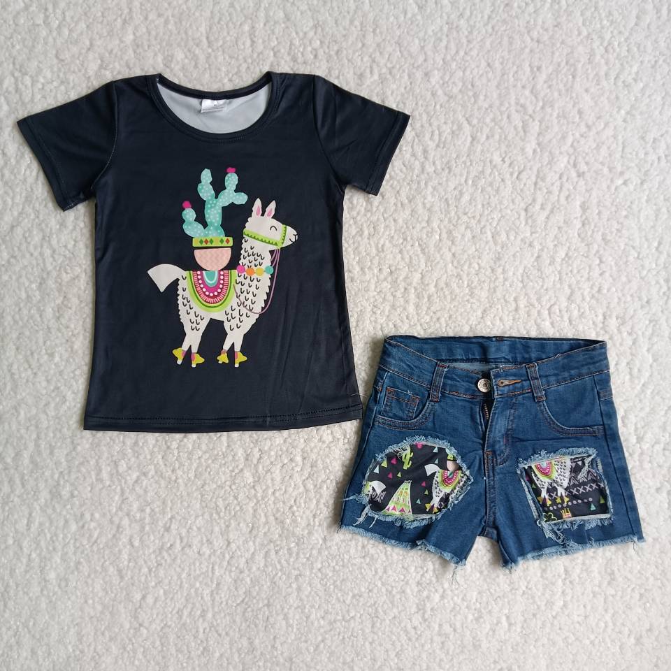 Llama print shirt match denim shorts girls clothing