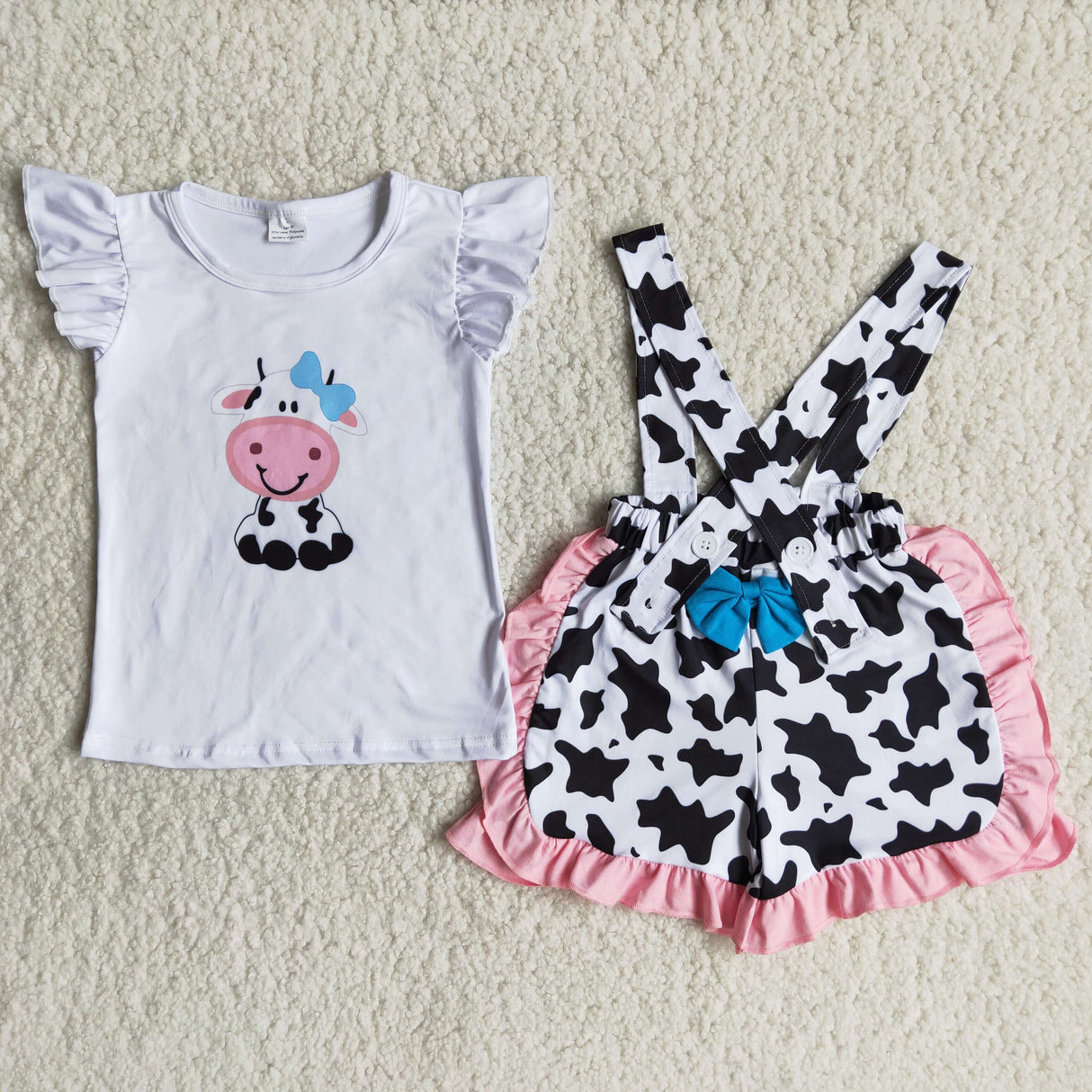 Cow print shirt suspender shorts girls clothing set
