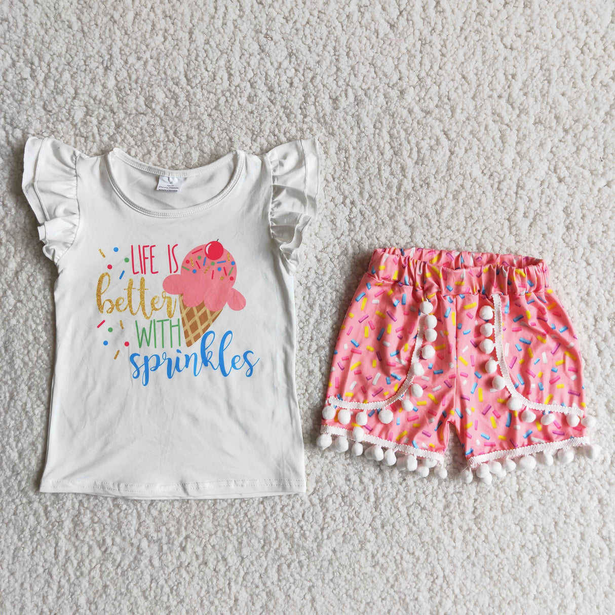 Life is better with sprinkles shirt ice cream pom pom shorts set