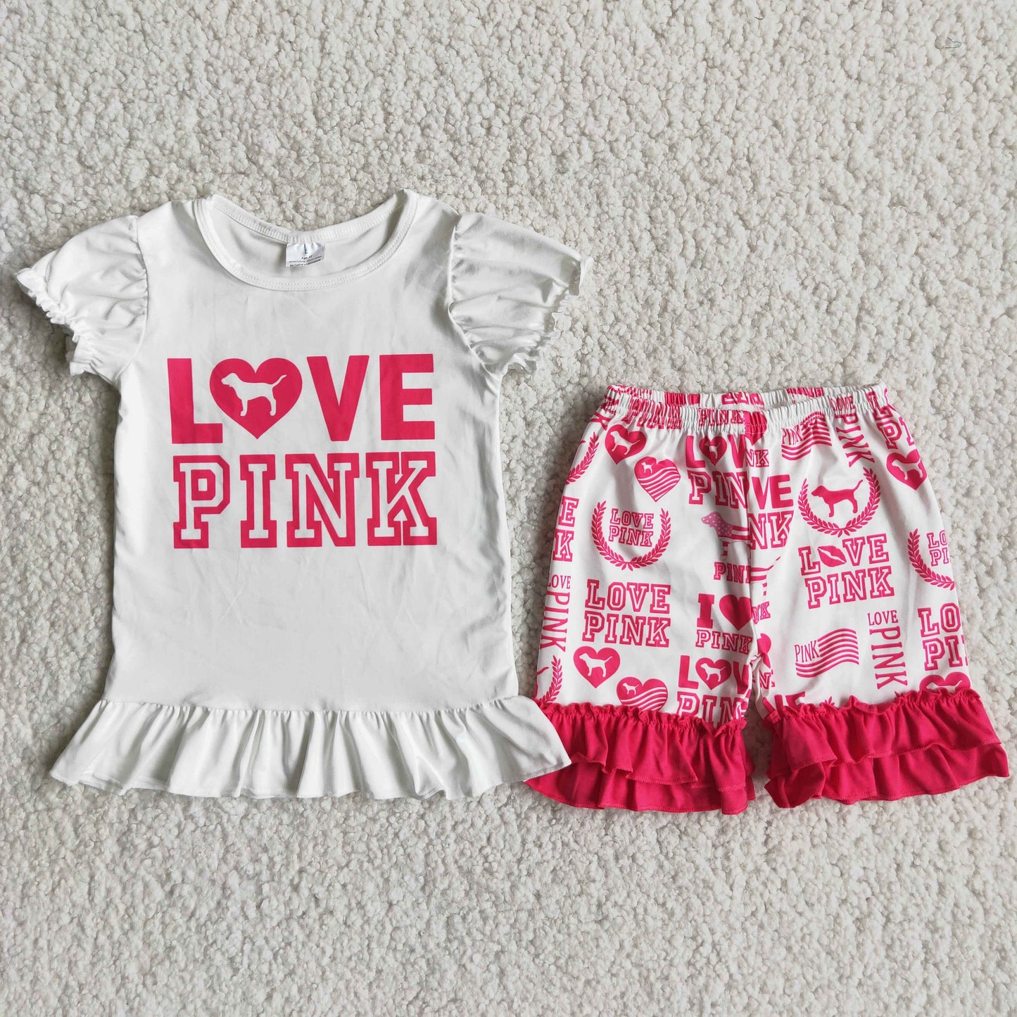 Love pink shirt match ruffle shorts kids clothing set