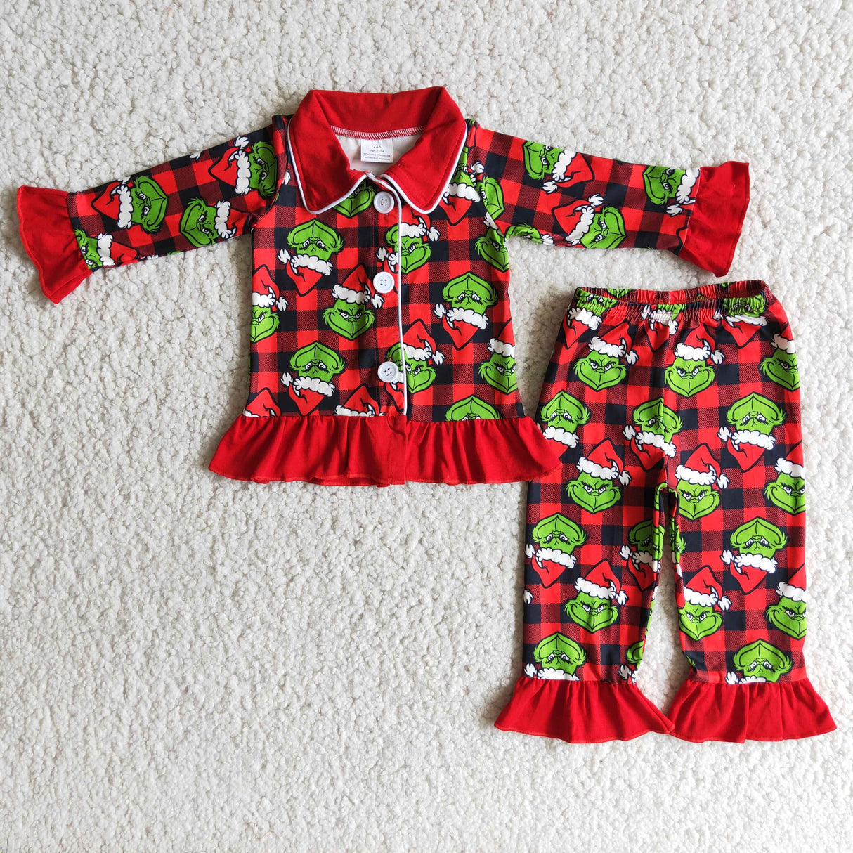 Plaid green face long sleeve baby girls Christmas pjs