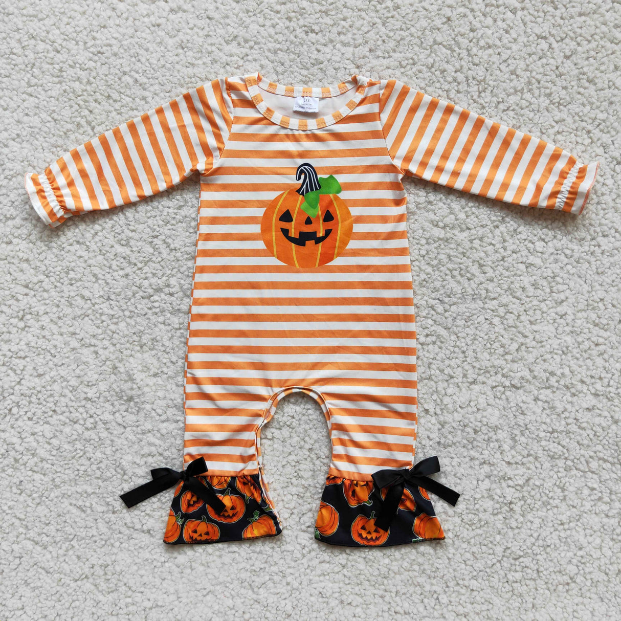 Pumpkin screen print orange stripe baby girls Halloween romper
