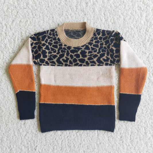 Leopard solid patchwork girls sweater