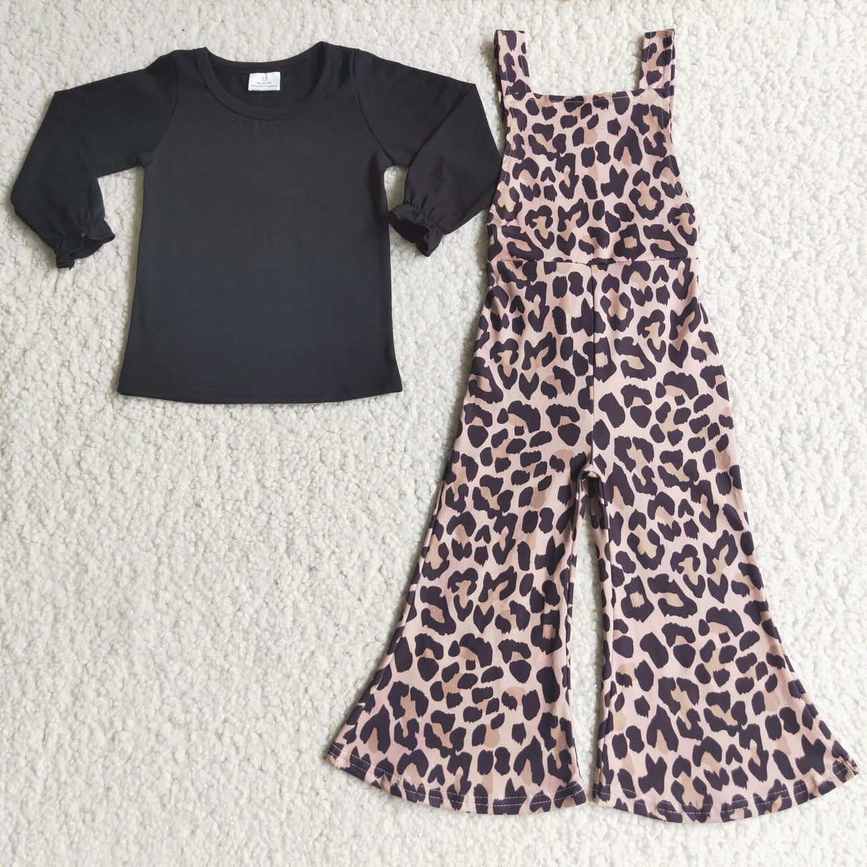 Black cotton shirt leopard print overalls girls clothing
