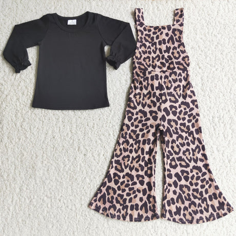 Black cotton shirt leopard print overalls girls clothing