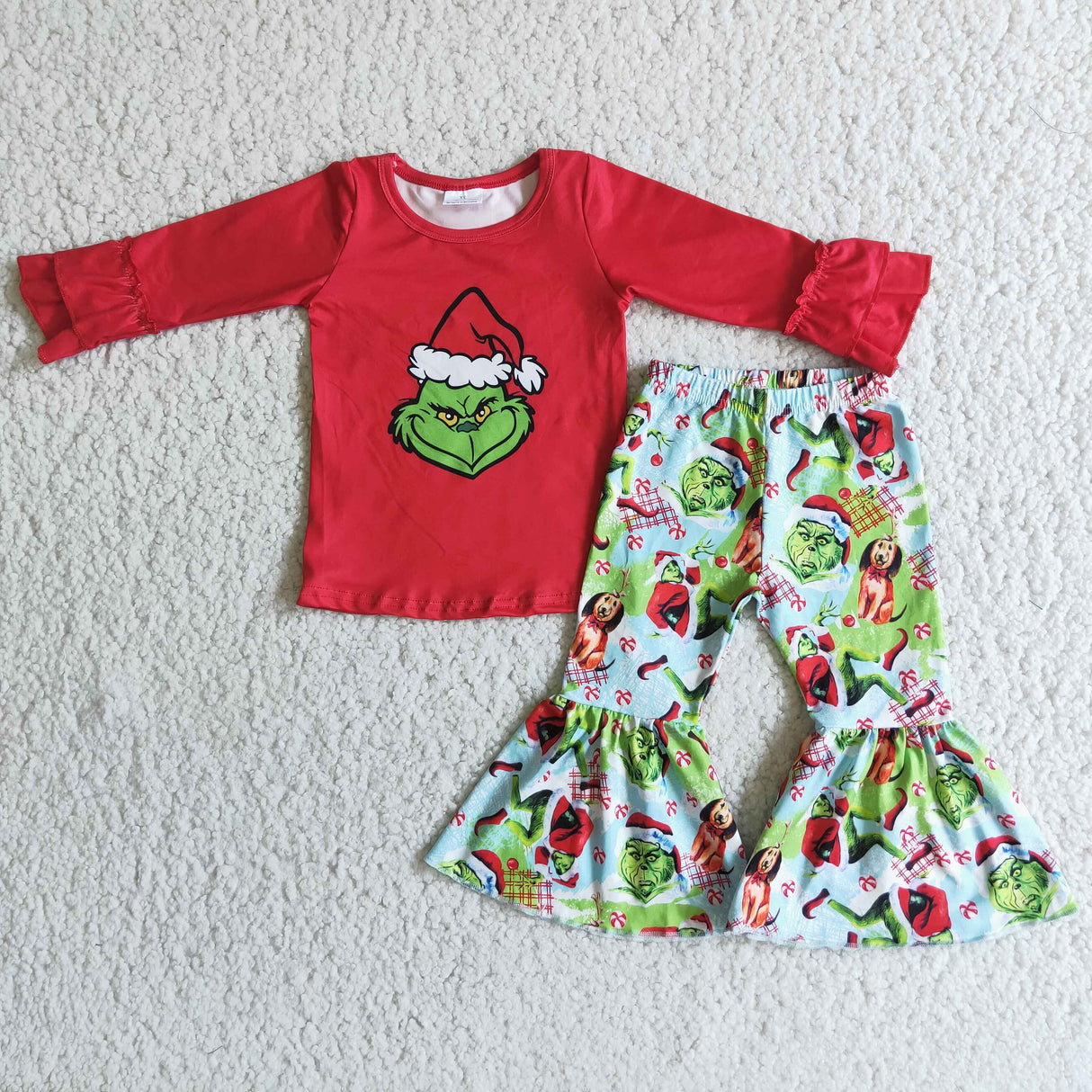 Red green face screen print shirt bell bottom pants girls Christmas clothing set