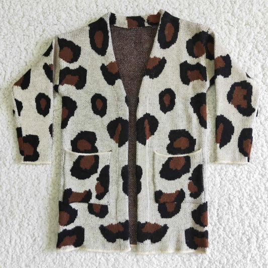 Leopard pocket girls cardigan sweater