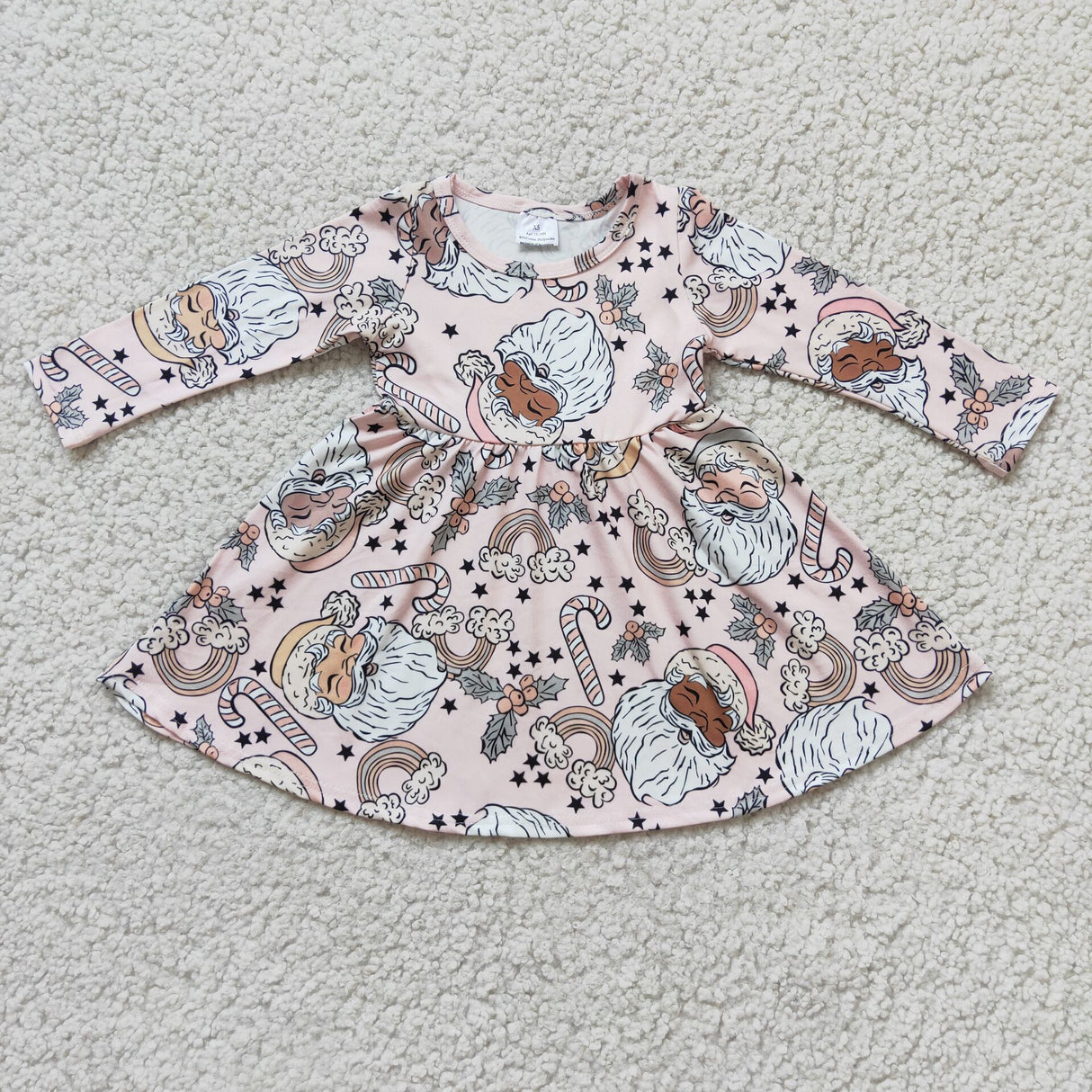 Santa print long sleeve girls twirl Christmas dresses