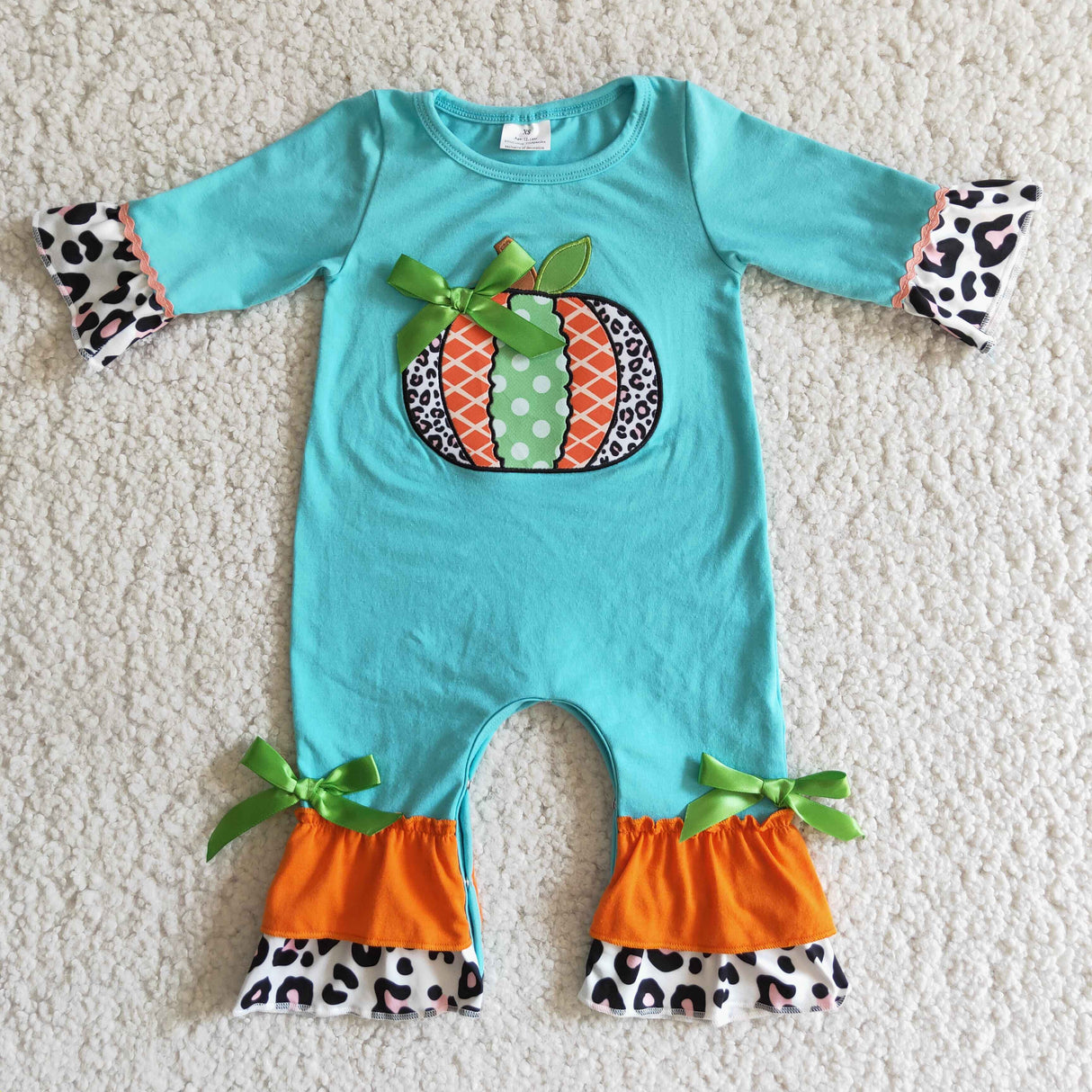 Teal cotton pumpkin embroidery baby romper