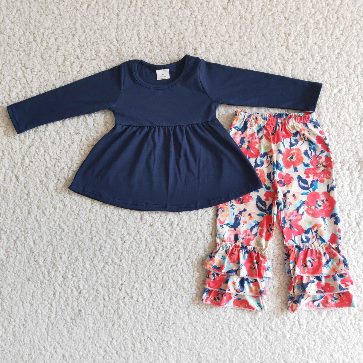 Navy cotton tunic match floral triple ruffle pants girls fall clothing