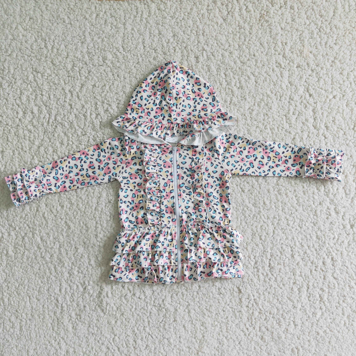 White colorful leopard zipper girls ruffle hoodie cardigan