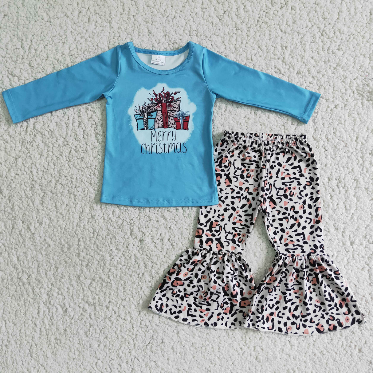 Merry Christmas gift bleached blue shirt leopard pants kids clothing girls