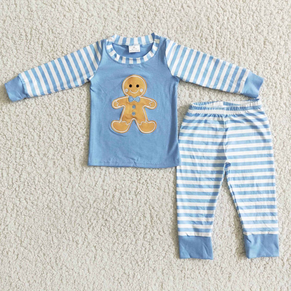 Gingerbread embroidery cotton blue top stirpe boy Christmas pjs