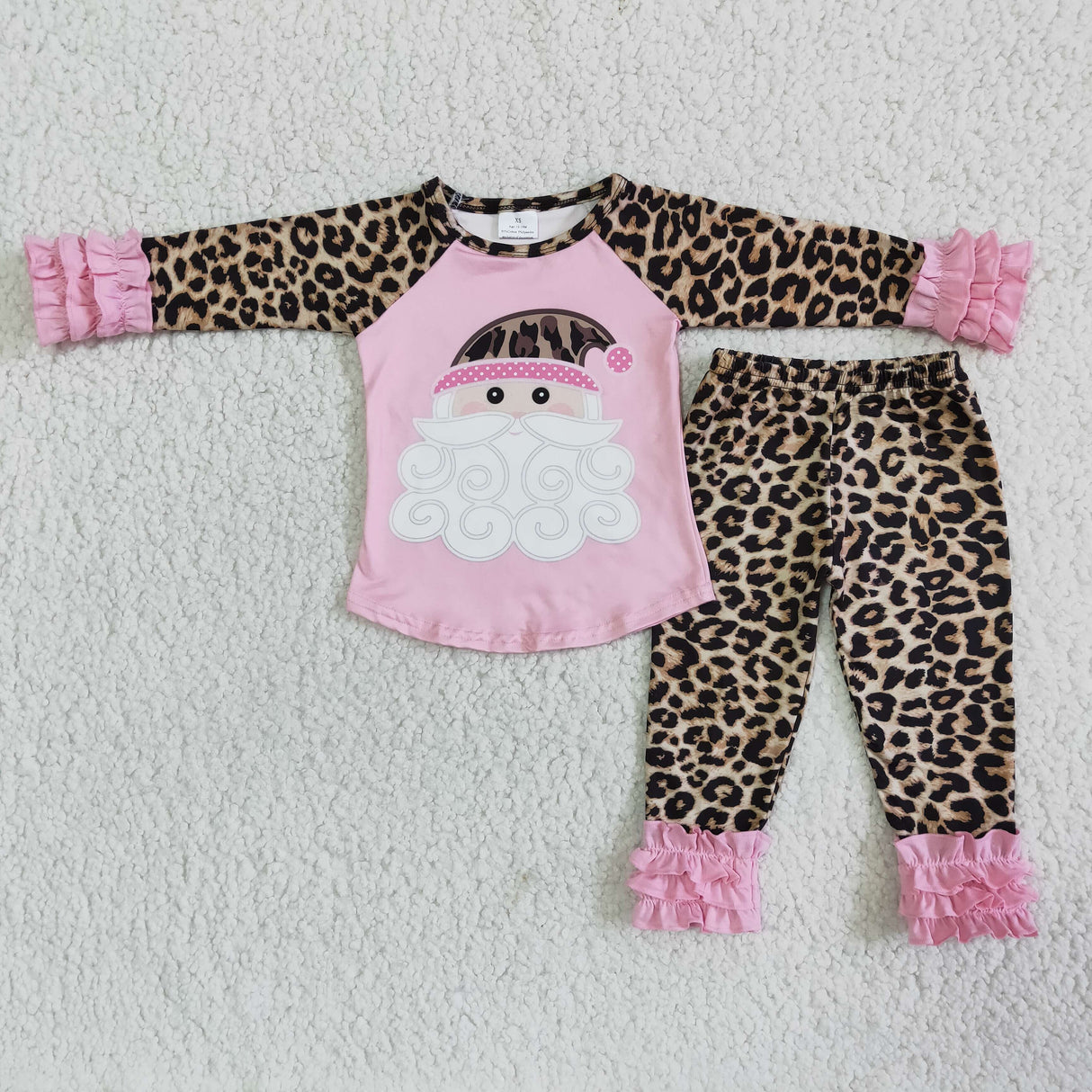 Pink santa shirt leopard icing ruffle leggings girls Christmas outfits