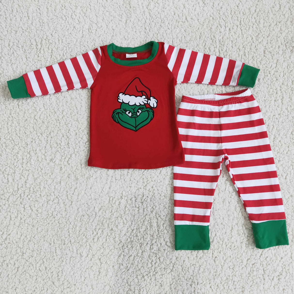 Cute green face embroidery cotton shirt stripe pants boy Christmas pajamas