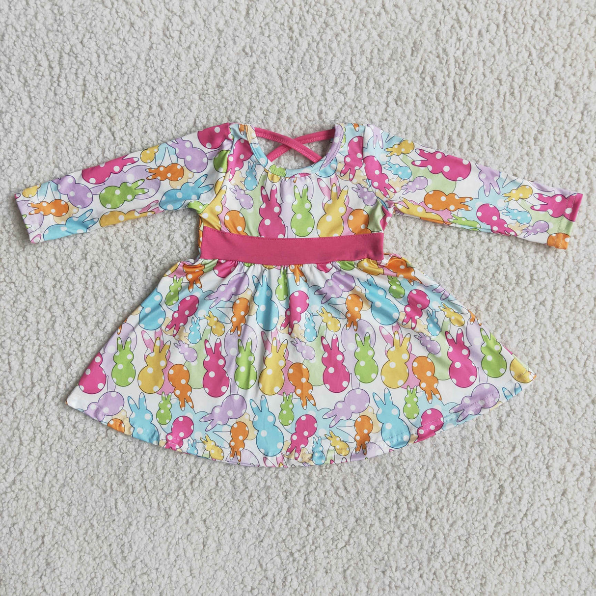 Colorful bunny long sleeve girls twirl easter dresses