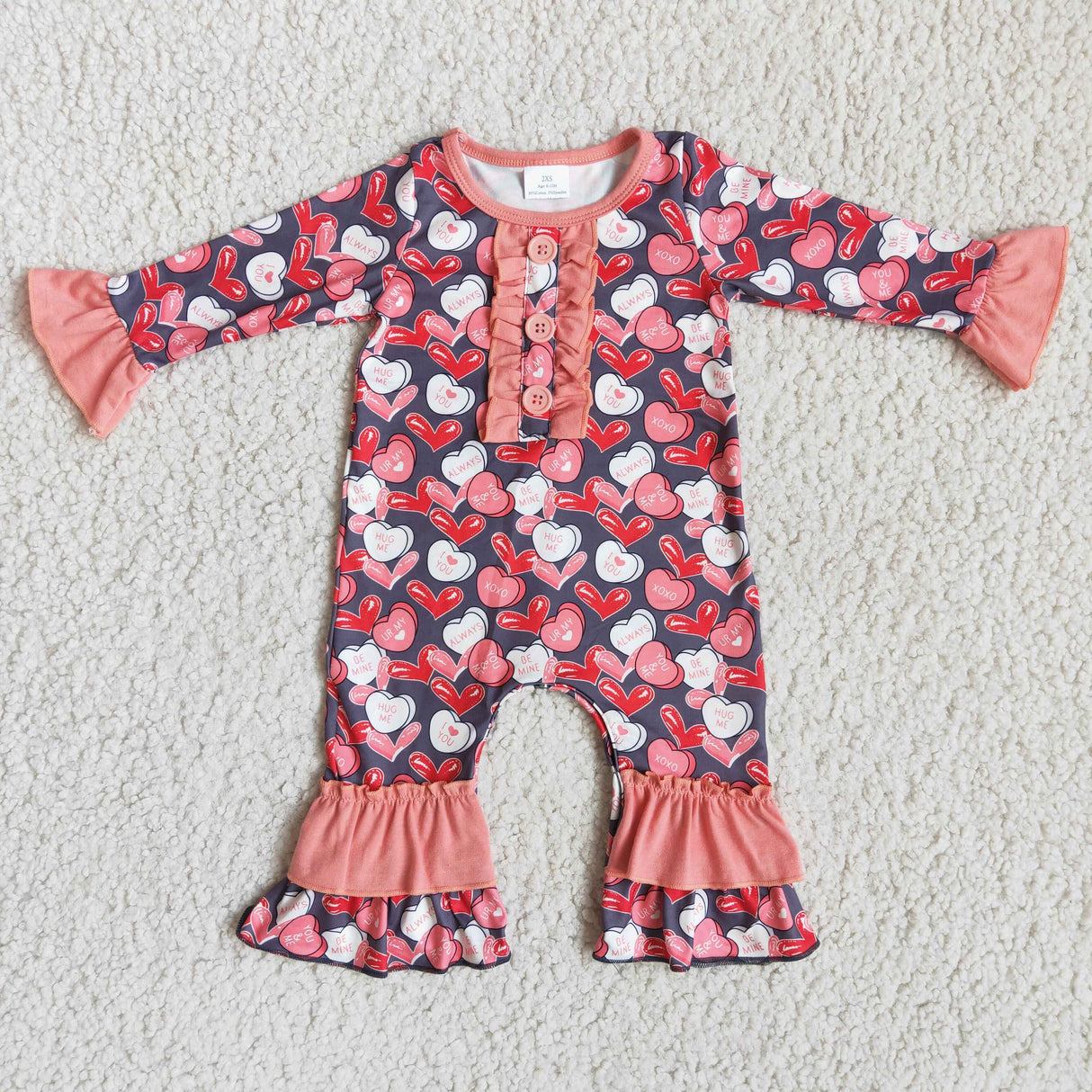 Heart print long sleeve baby girls valentine's romper