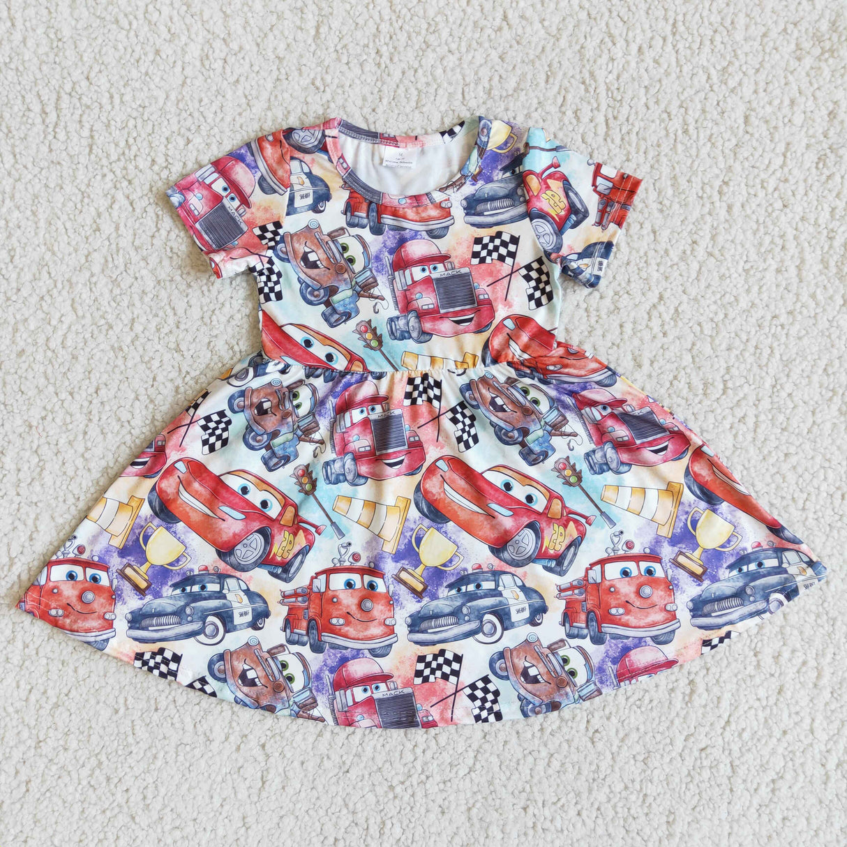 Short sleeve car print baby girls twirl dresses