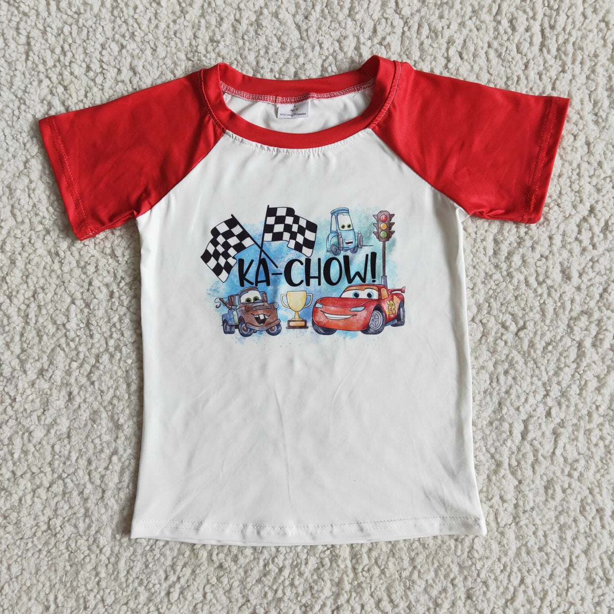 Red short sleeve screen car print boy shirt