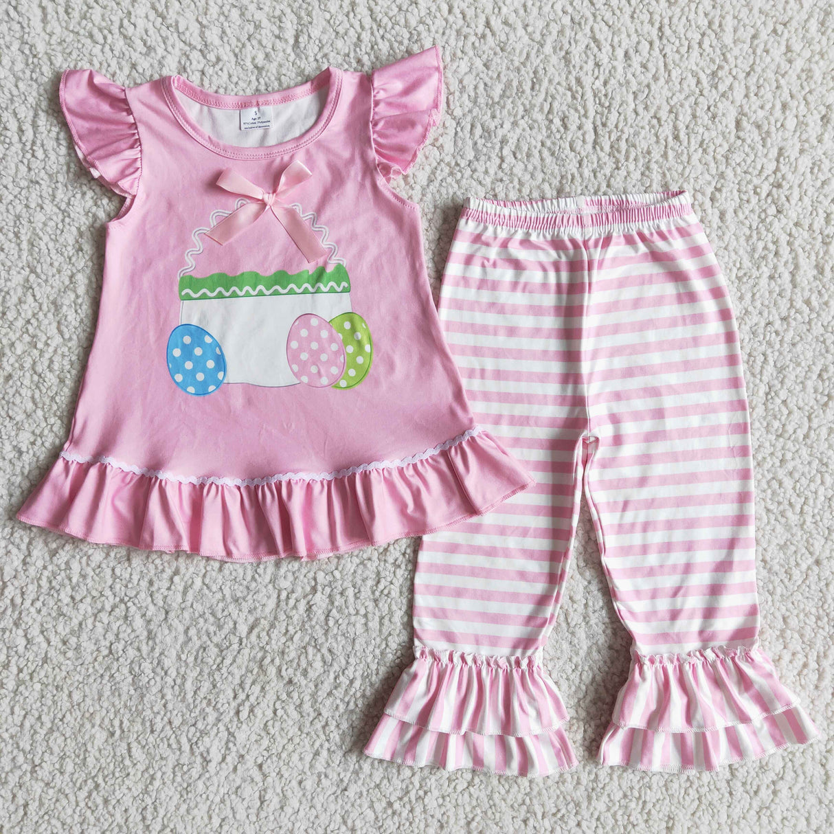 Pink flutter sleeve egg print ruffle pants girls easter clothes