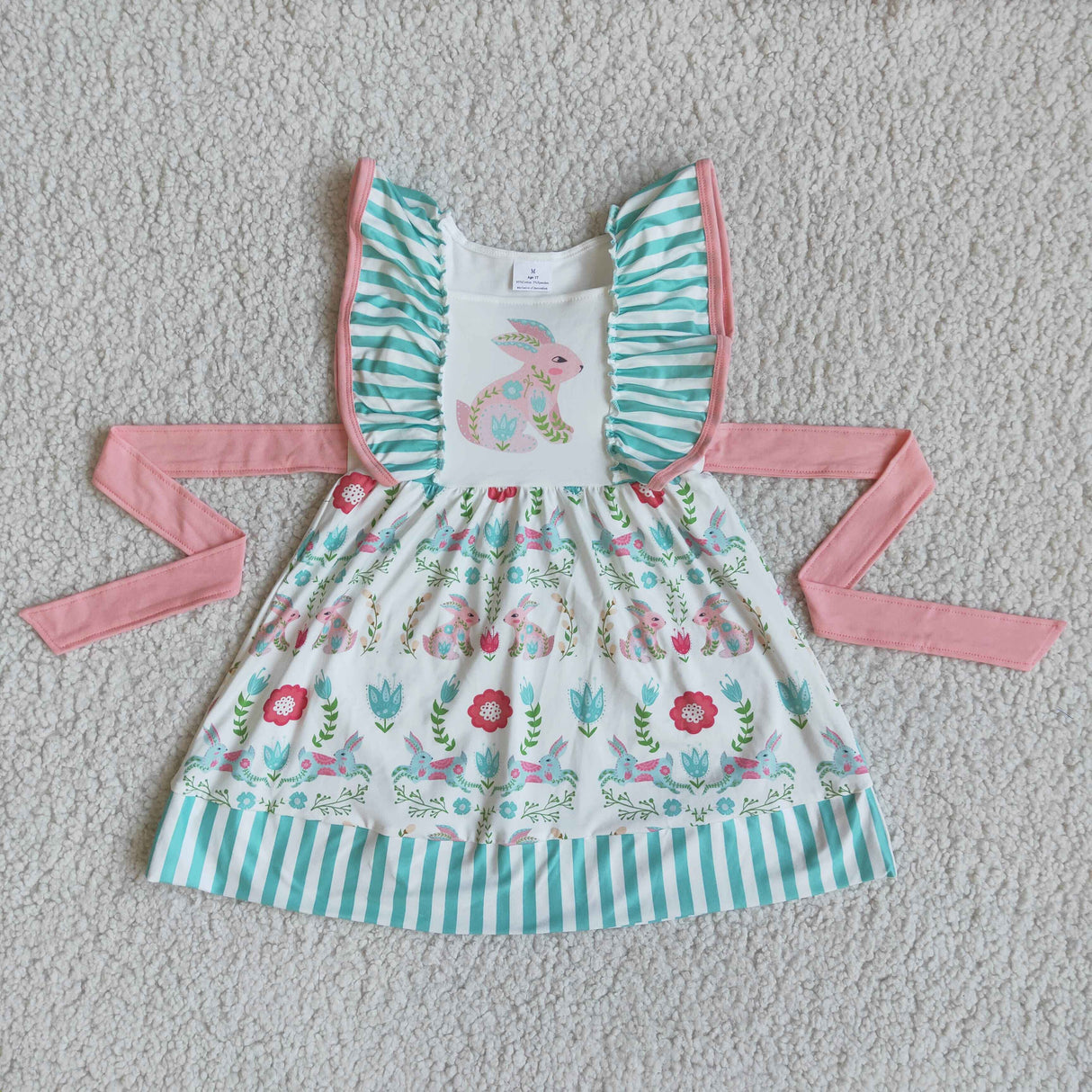 Bunny print flutter sleeve belt baby girls easter dresses