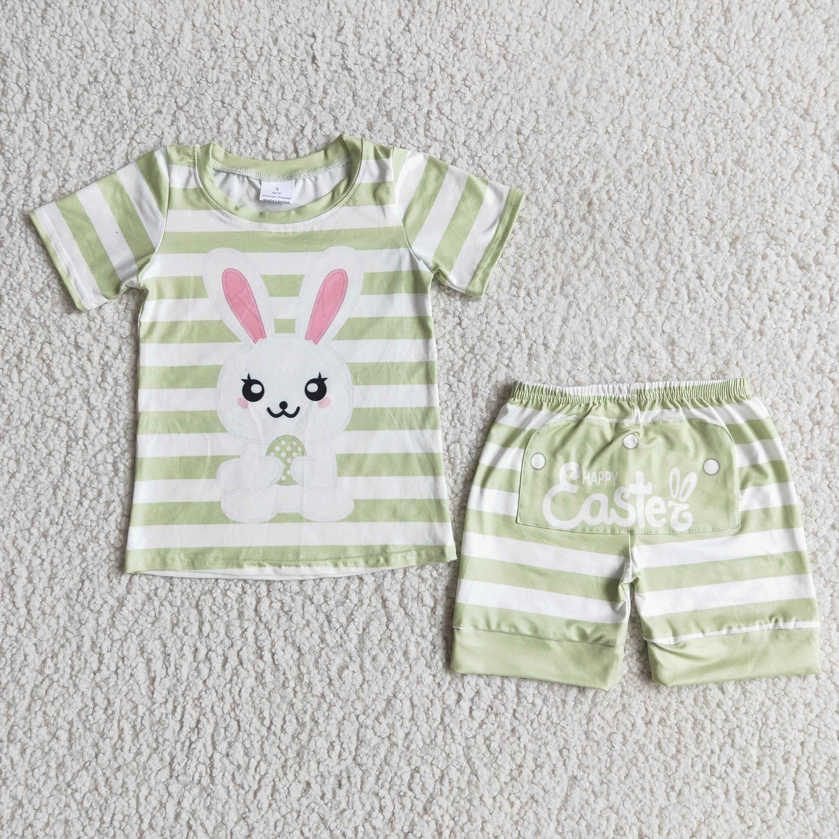 Green stripe bunny print shirt shorts boy easter pajamas