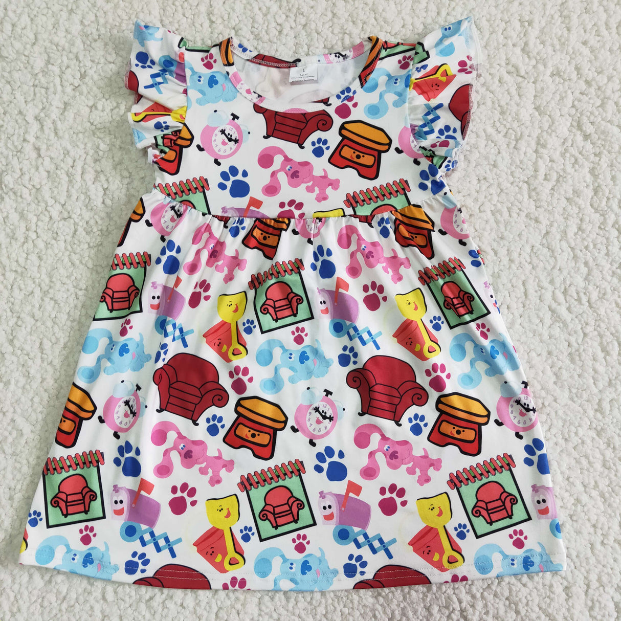 Cute blue dog print flutter sleeve baby girls pearl dresses