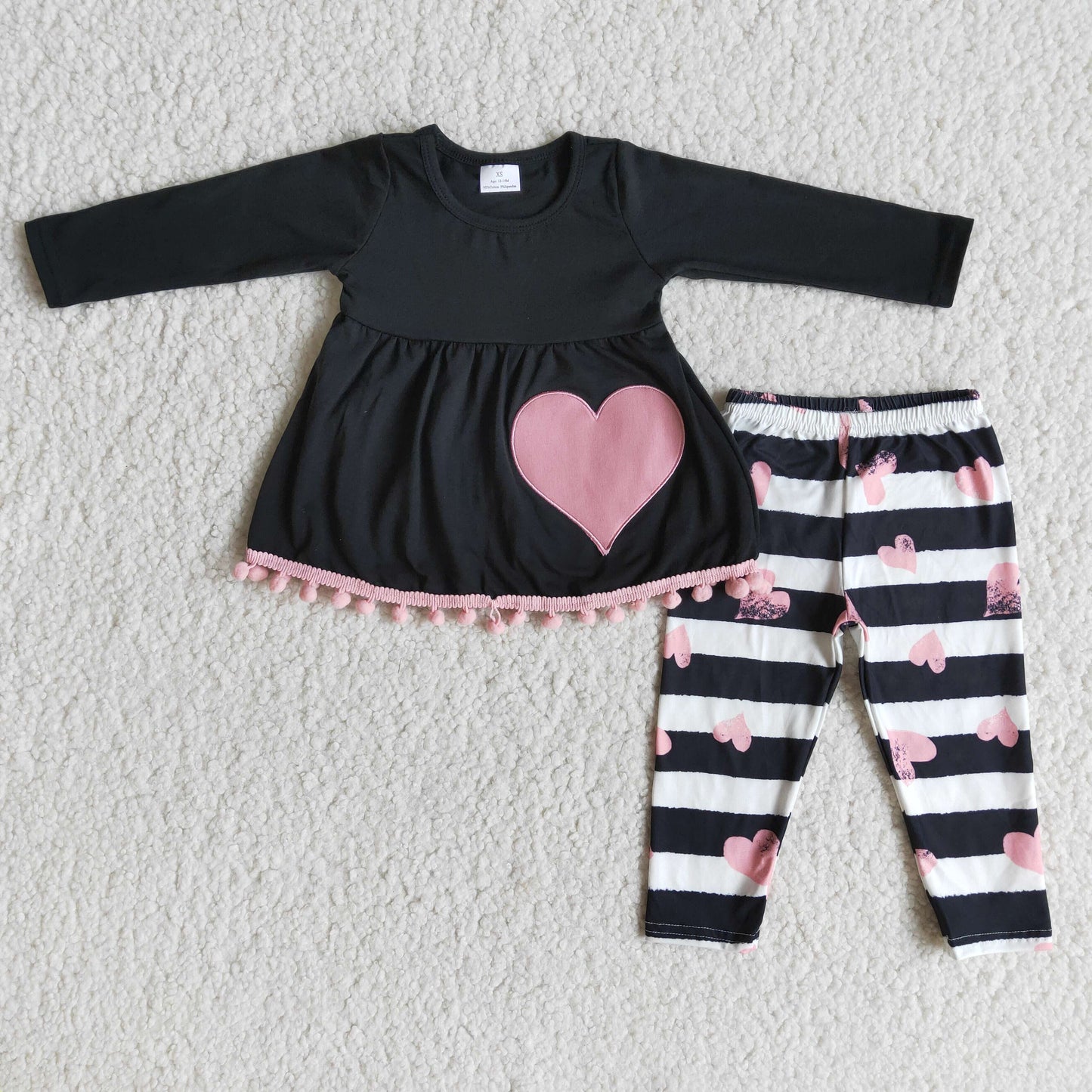 Heart embroidery pom pom tunic leggings set girls valentine's clothing
