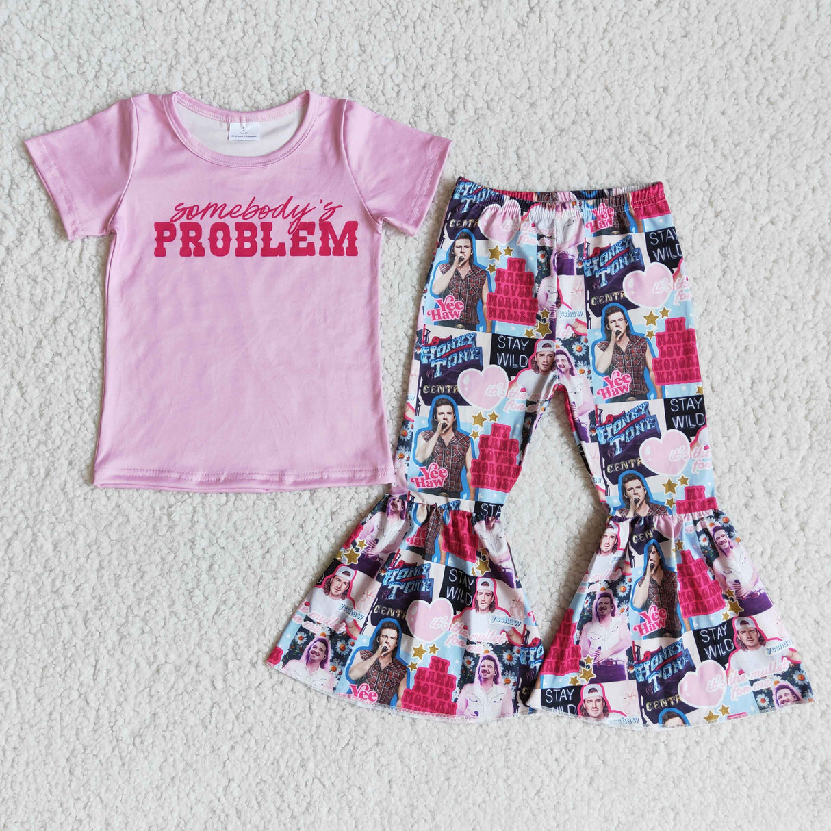 Somebody's problem pink shirt bell bottom pants kids girls singer clothing set