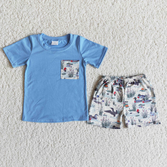 Blue cotton short sleeve shirt duck print shorts boy summer outfits