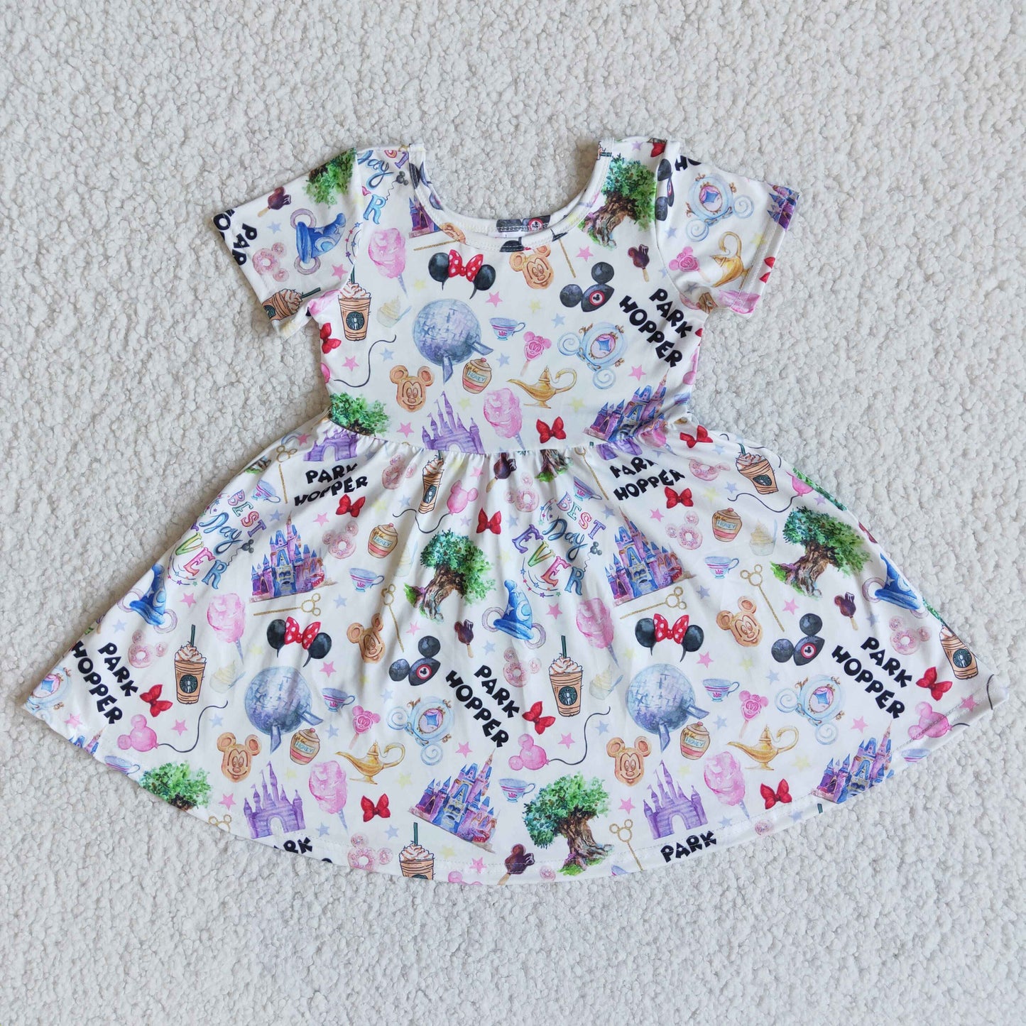 Short sleeve cute snacks park print baby girls summer twirl dresses