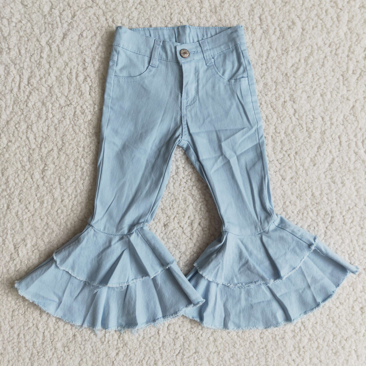 Sky blue color adjustable waistband ruffle bell bottom denim pants