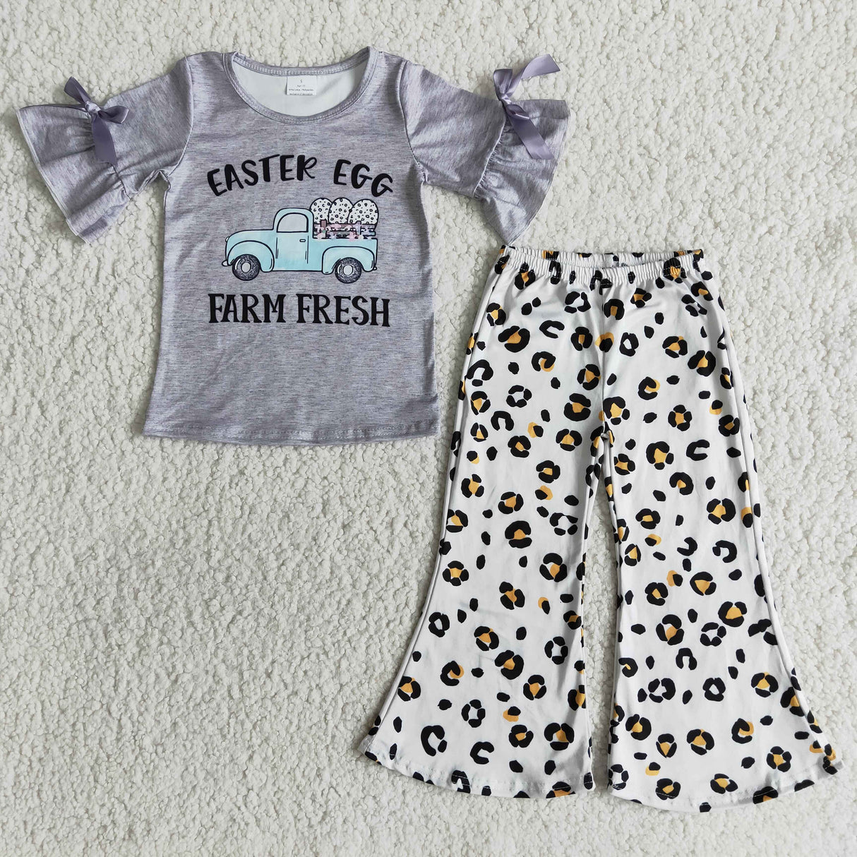 Easter egg farm fresh truck grey shirt leopard pants girls children easter clothing