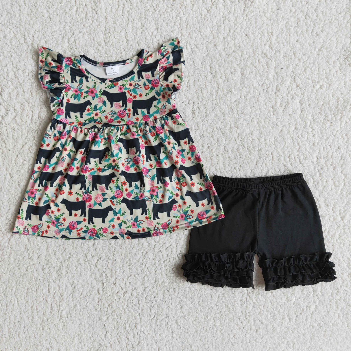 Cow floral print shirt black icing ruffle shorts farm girls summer clothing