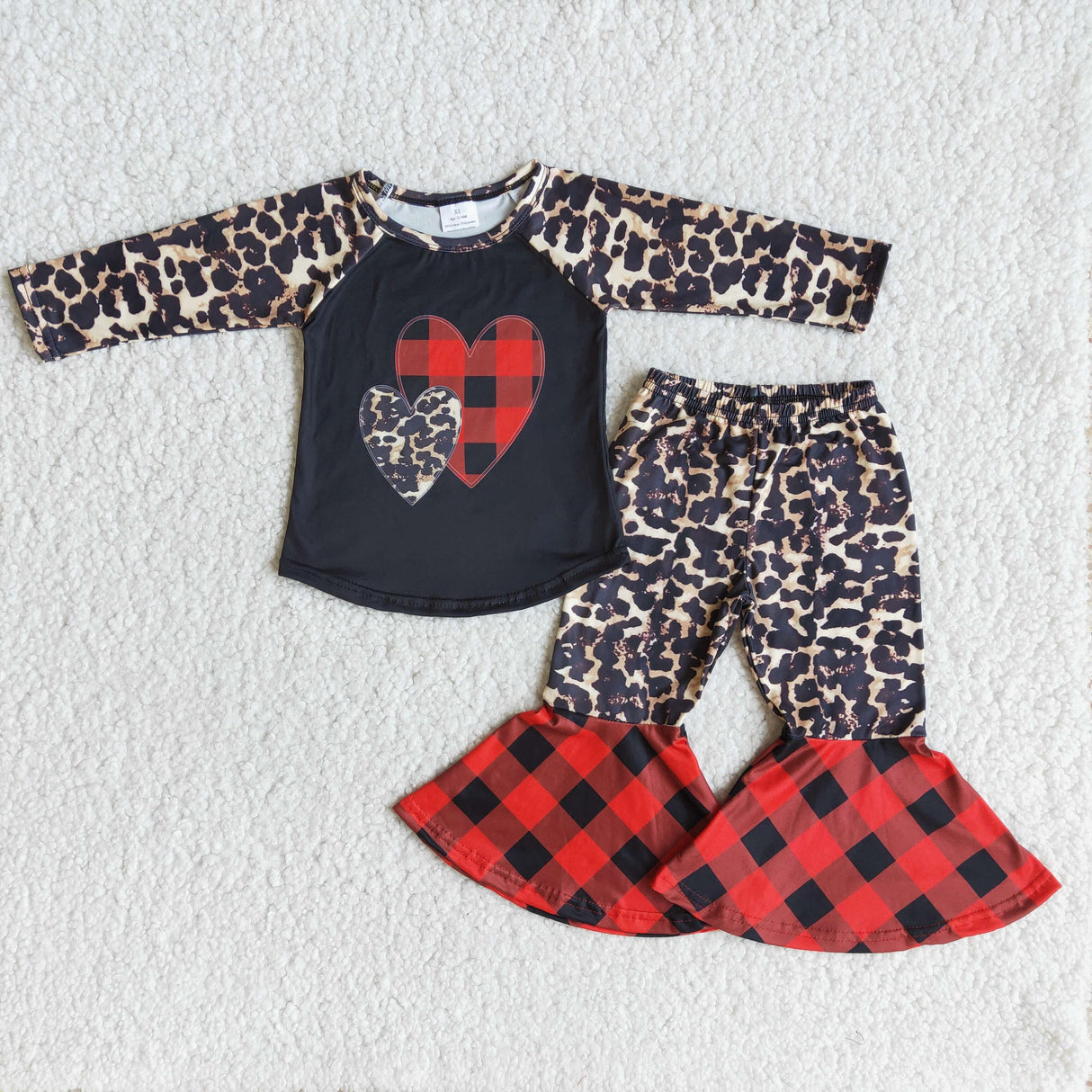 Heart print leopard sleeve bell bottom pants girls valentine's outfits